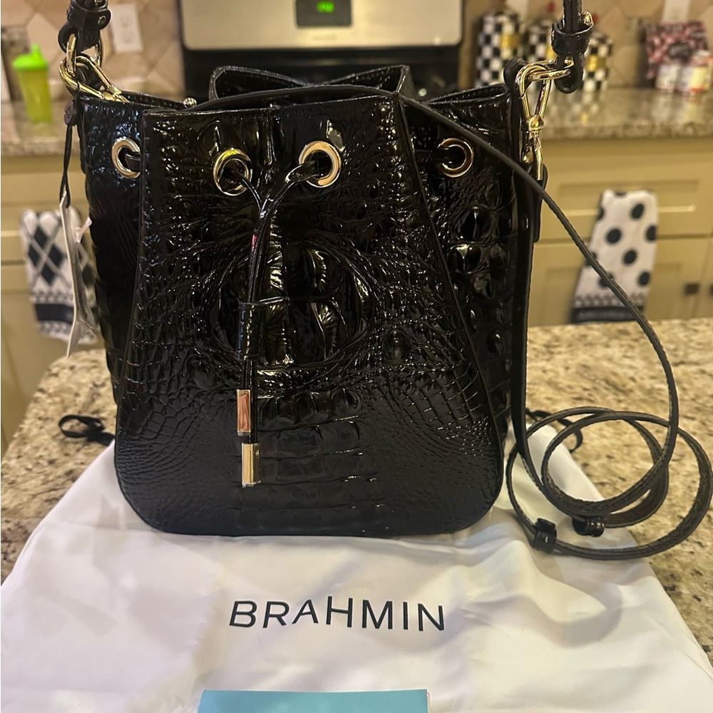 Brahmin Black Croc-Embossed Shoulder Bag with Gold Hardware